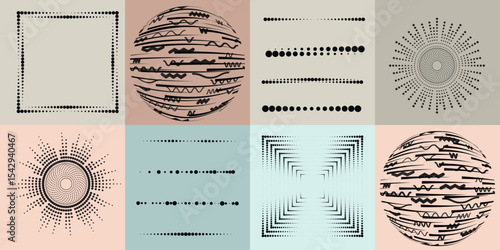 Lines and dots in Circle Form .Rotate rounded shape Vector Illustration .Rotating dots form a circle .Rotating design element . Various lines forming round shape . Abstract Geometric line art .
