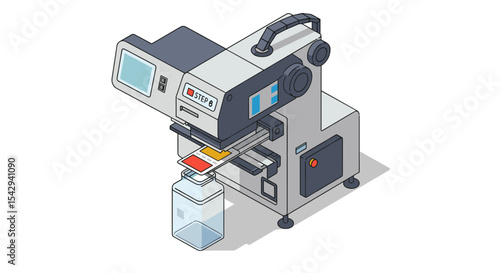Modern industrial printer with lcd display for automated production process vector illustration isometric