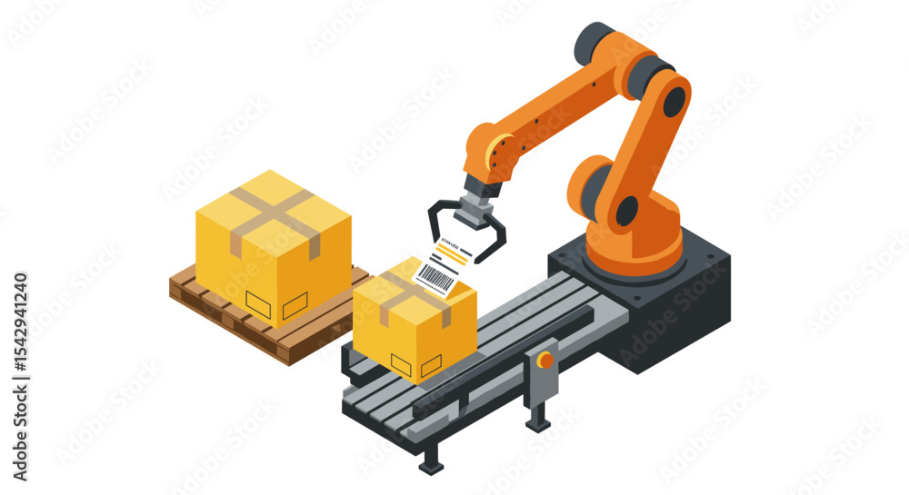 Automated packaging process with robotic arm and conveyor belt illustration vector illustration isometric Automated packaging process with robotic arm and conveyor belt illustration vector illustration isometric