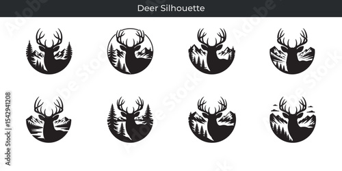 Vector deer silhouette designs with mountain and forest elements for outdoors logos