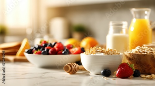 A healthy breakfast scene showcasing fresh fruits, yogurt, oats, and honey, promoting a wholesome start to the day with vibrant colors and appealing arrangements.