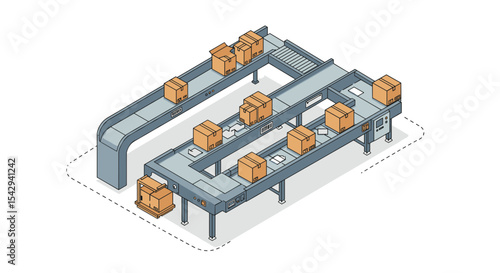 Automated package conveyor system for efficient parcel sorting and distribution vector illustration isometric