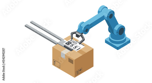 Automated robotics arm handling cardboard box in warehouse setting vector illustration isometric