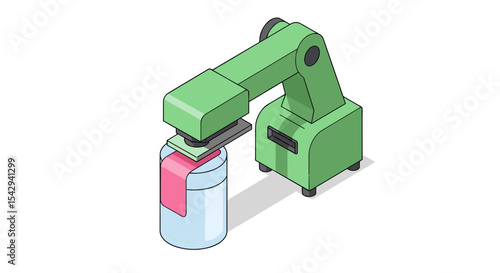 Futuristic green robotic arm handling jar for automation tech and industry innovation design vector illustration isometric
