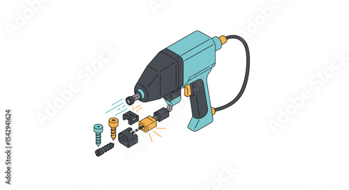 Detailed blueprint of a cordless power drill disassembled for maintenance and repair insights vector illustration isometric