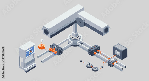 Automated mechanical assembly line with advanced machinery for industrial manufacturing concepts vector illustration isometric