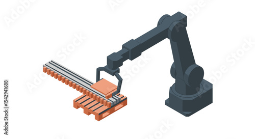 Industrial automation robot arm grabbing object on conveyor for modern manufacturing technology vector illustration isometric