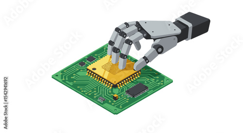Robotic hand assembling circuit board for technology innovation concept vector illustration isometric