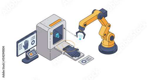 Robotic arm manufacturing process with automated control for industrial innovation design vector illustration isometric