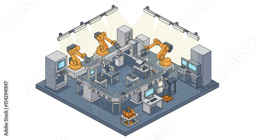 Advanced robotic automation in modern factory setting for industrial design projects vector illustration isometric