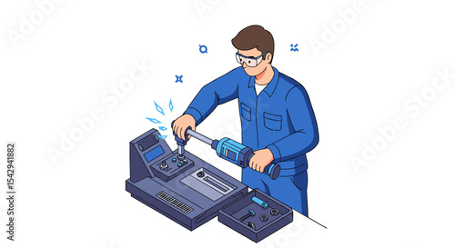 Technician operating precision drill machine in workshop for mechanical engineering vector illustration isometric