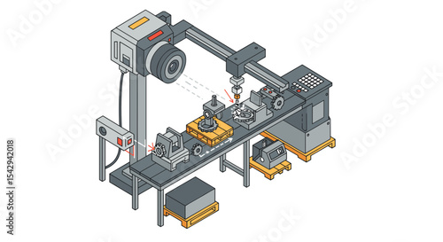 Automated manufacturing process with cnc machine and robotic arm in factory setting vector illustration isometric