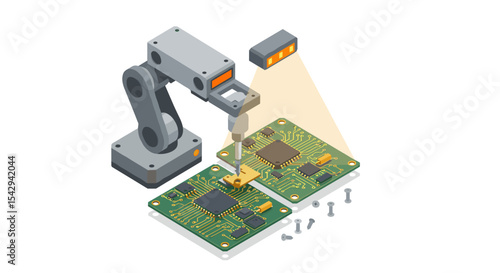 Robotic arm soldering circuit boards for precision electronic assembly and automation vector illustration isometric