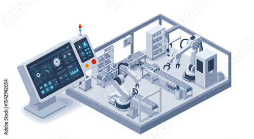 Automated manufacturing technology concept with robotics and control system for industrial innovation vector illustration isometric