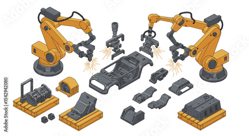 Industrial automation with robotic arms in manufacturing assembly line vector illustration