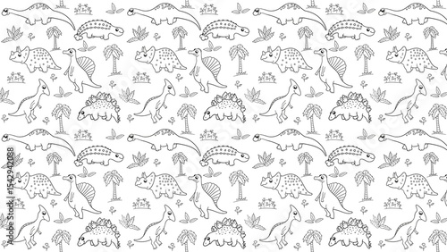 Seamless pattern with dinosaurs and trees in black and white coloring page for kids and adults
