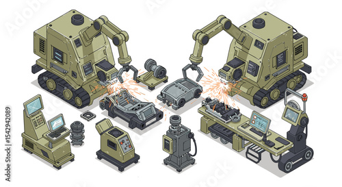 Robotic manufacturing process with industrial machines and automation technology for assembly line design vector illustration