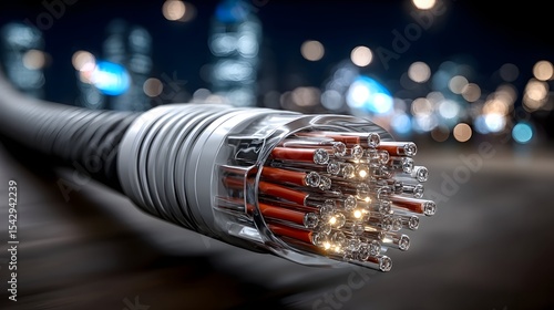 Fiber optic cable, city night, connection, data