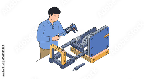 Engineer measuring metal parts using caliper in workshop setting vector illustration