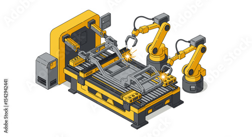Industrial robotics in advanced manufacturing assembly line with robotic arms vector illustration
