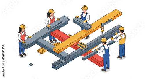 Team collaboration in construction engineering with workers assembling metal beams vector illustration