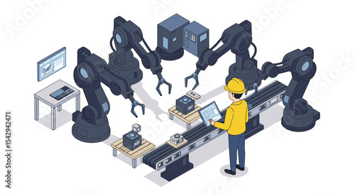 Automated manufacturing process with robotic arms in factory setting for industrial innovation concept vector illustration