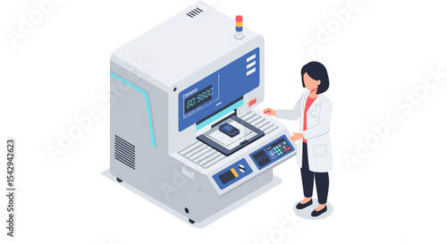Modern manufacturing process with engineer operating advanced automated machine vector illustration
