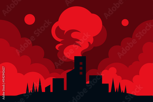 Crimson Skies Industrial Pollution and Apocalyptic Cityscape Illustration