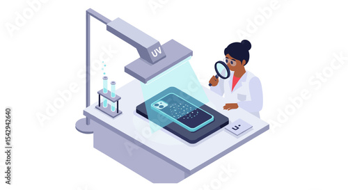 Scientist analyzing smartphone under uv light in laboratory setting for technology research vector illustration