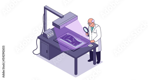 Scientist examining evidence in crime lab with magnifying glass and uv light for analysis vector illustration