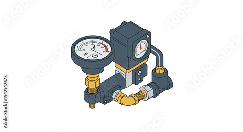 Detailed diagram of industrial pressure gauge with connected piping system for engineering design vector illustration