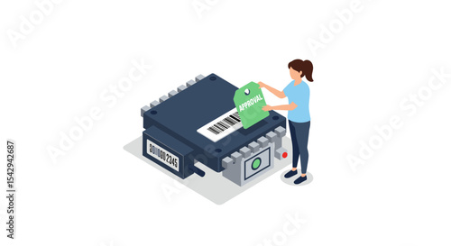 Isometric illustration of woman approving process on large microchip for digital authorization concept vector illustration