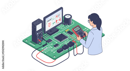Electronic circuit testing and diagnostics with engineer using multimeter and oscilloscope vector illustration