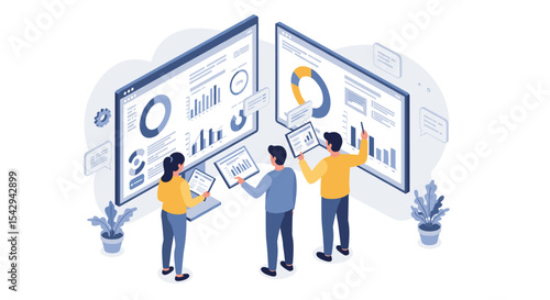 Team collaborating on data analysis and business growth strategies for effective decision making vector illustration