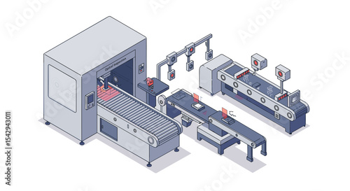 Automated factory conveyor production system for industrial manufacturing efficiency vector illustration