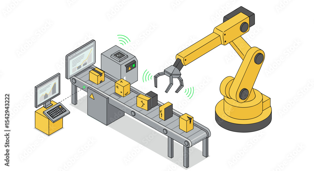 Automated robotic arm in modern packaging line for efficient manufacturing vector illustration Automated robotic arm in modern packaging line for efficient manufacturing vector illustration