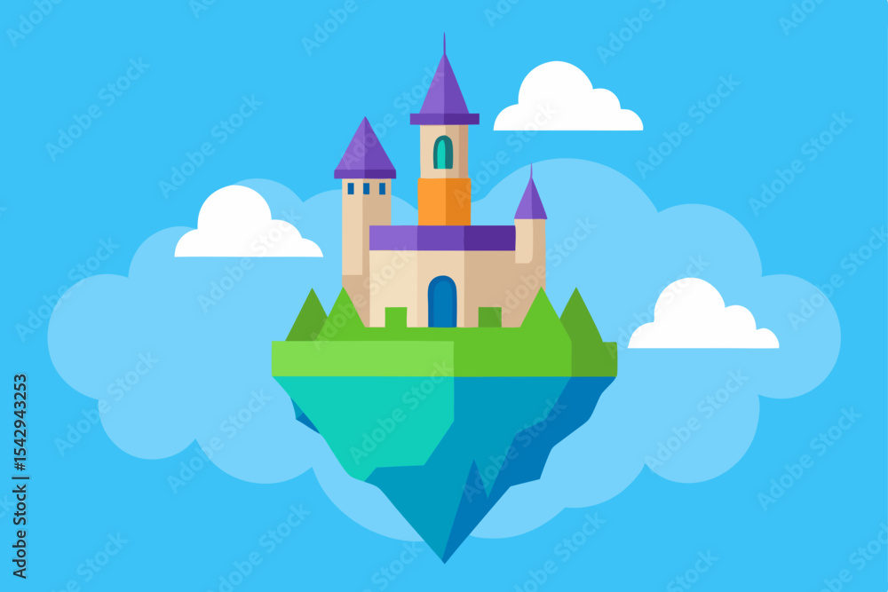 Naklejka premium Enchanted Floating Castle A Dreamlike Island Fortress Illustration