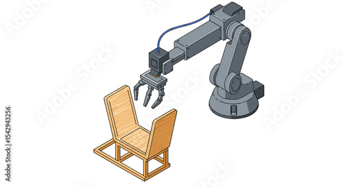 Industrial robot arm assembling wooden chair design for automation concepts vector illustration