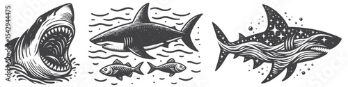 Vintage Hand-Drawn Shark Attack Collection Illustration, Marine Predator Engraved Style Vector for T-Shirts and Ocean Survival Themes Design