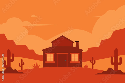 Desert Sunset A Minimalist Illustration of a Lone House in the Canyon