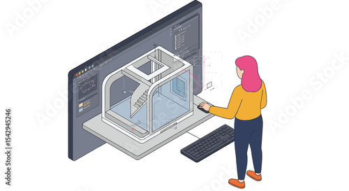 Person using computer for 3d printing design and prototyping in a digital workspace vector illustration