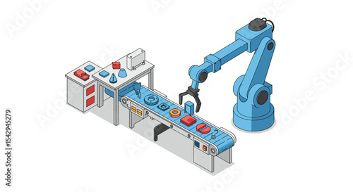 Automated factory production line with robot arm and conveyor belt for manufacturing process vector illustration