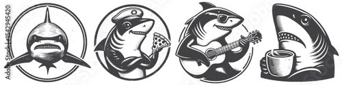Vintage Hand-Drawn Shark Drinking Coffee, Eating Pizza, and Playing Guitar Collection Illustration, Ocean Creature Engraved Style Vector for T-Shirts and Humorous Beach Themes Design