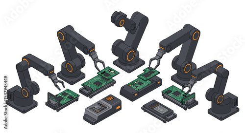 Robotic arms assembling circuit boards for modern electronics production vector illustration