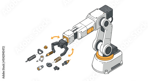 Industrial robotics arm with exploded mechanical components for technology concept design vector illustration