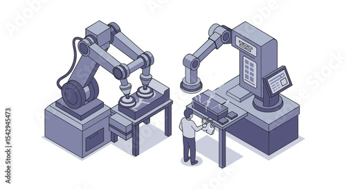 Industrial robot assembly line automation with programmer in futuristic factory setting vector illustration