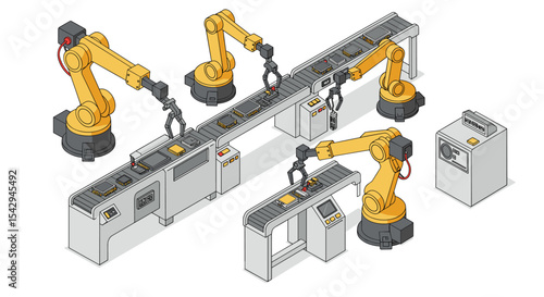 Automated assembly line with robotic arms for efficient manufacturing vector illustration