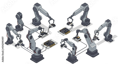 Automation in electronics manufacturing with robotic arms and circuit components vector illustration