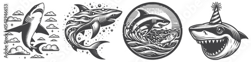 Vintage Hand-Drawn Shark with Party Hat Collection Illustration, Ocean Animal Engraved Style Vector for T-Shirts and Celebration Themes Design