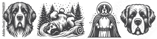 Vintage Hand-Drawn Saint Bernard Dog Collection Illustration, Heroic Animal Engraved Style Vector for T-Shirts and Playful Themes Design